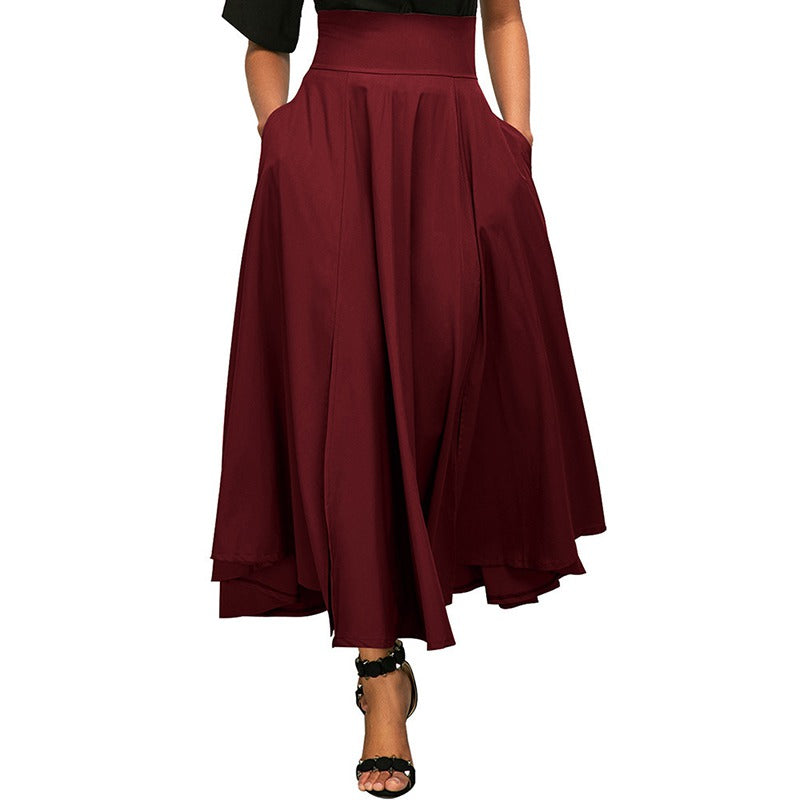 Women&#039;s Elegant Pleated Maxi Skirt Chic Girl Pocket Print Female Skirts High Waist Solid Color Long Skirts Women