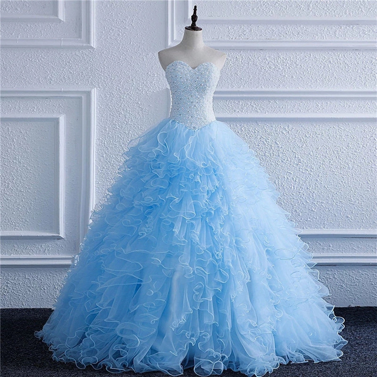 Glittering Pearl Beads Blue Quinceanera Dresses 2021 Princess Sweetheart Ruffles Lace up Sweet 16 Years Prom Dress Ball Gowns Custom Made