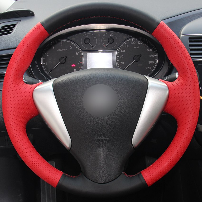 Black Natural Leather Red Natural Leather Car Steering Wheel Cover for Nissan Tiida Sylphy Sentra Versa Note 2014-2017