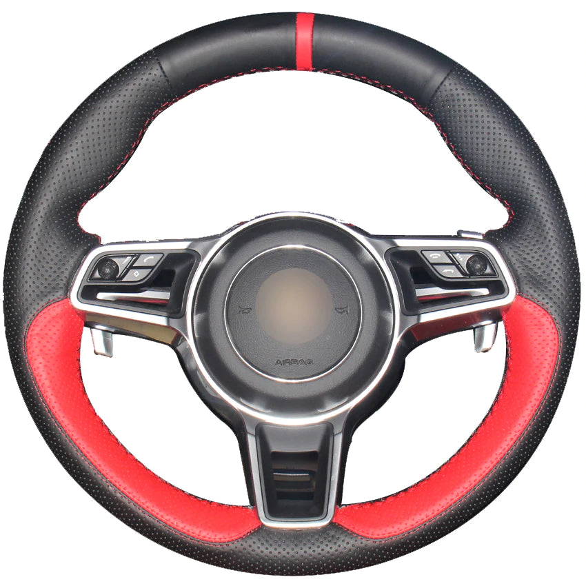 Red Natural Leather Black Natural Leather Red Marker Car Steering Wheel Cover for Porsche Macan Cayenne 2015 2016