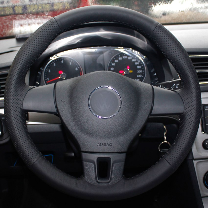 Black Natural Leather Car Steering Wheel Cover for Volkswagen VW Tiguan Lavida Passat B7 Jetta Mk6