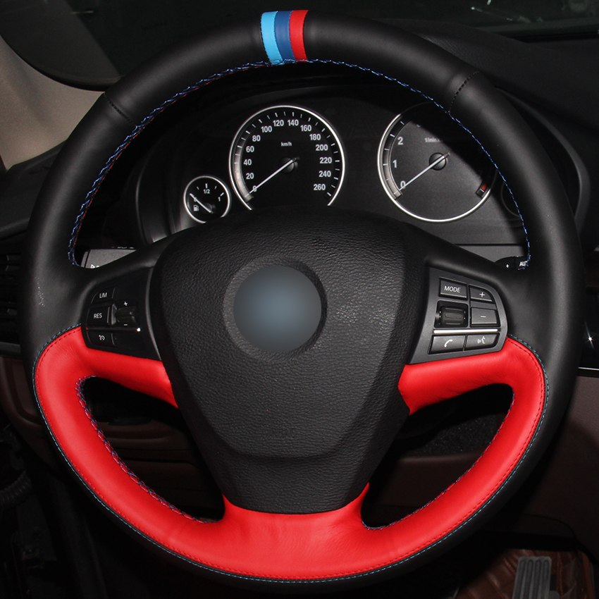 Black Red Natural Leather Light Blue Blue Red Marker Car Steering Wheel Cover for BMW F25 X3 2011-2017 F15 X5 2014