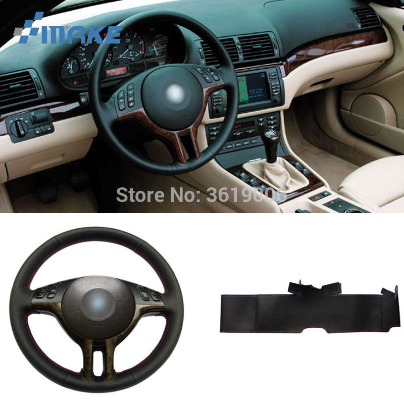 For BMW E39 E46 325i E53 X5 High Quality Hand-stitched Anti-Slip Black Leather Red Blue Thread DIY Steering Wheel Cover