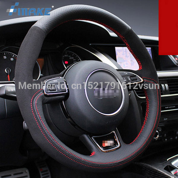 For Audi A5 High Quality Hand-stitched Anti-Slip Black Leather Suede Red Thread DIY Steering Wheel Cover