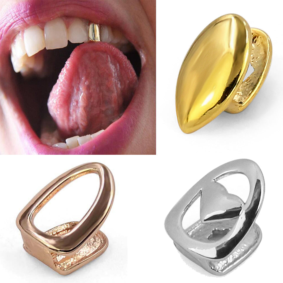 18K Real Gold Hollow Single Teeth Grillz Braces Punk Hiphop Dental Mouth Fang Grills Tooth Cap Cosplay Costume Halloween Party Rapper Body Jewelry G