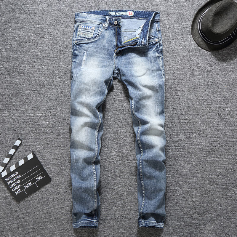 Italian Vintage Designer Fashion Men Jeans Light Blue Summer Slim Fit Ripped Jeans Men Streetwear Hip Hop Pants Classical