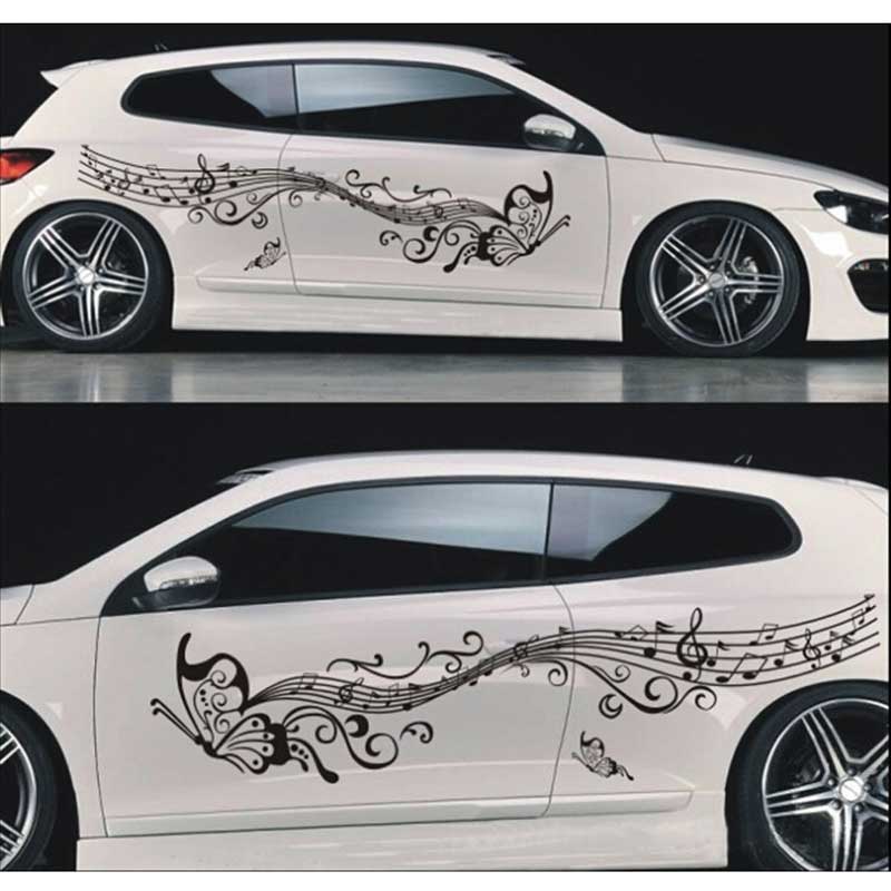 2PCS-Set Car Sticker Butterfly Note Whole Body Decals Sheet Music Piano Lovely Waistline Sticker Cover