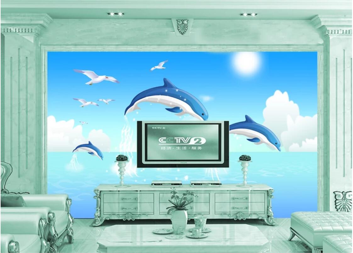 3d wallpaper custom photo mural Blue sky, white clouds, dolphins, seascape, background, wall decoration home decor wall art pictures