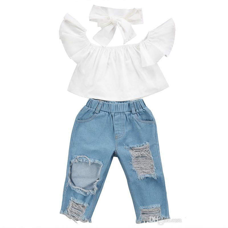 New Fashion Children Girls Clothes Off Shoulder Crop Tops White+ Hole Denim Pant Jean Headband 3pcs Toddler Kids Clothing