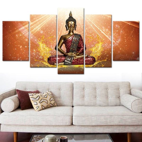 Canvas Pictures Modern 5 Pieces Buddha And Abstract Painting Modular Home Living Room Wall Decor Art Posters No Frame
