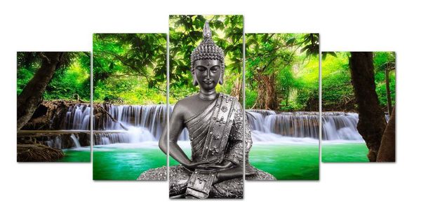 5Pcs Unframed Canvas Prints Picture Waterfall scenery Buddha Art Home Wall Decor