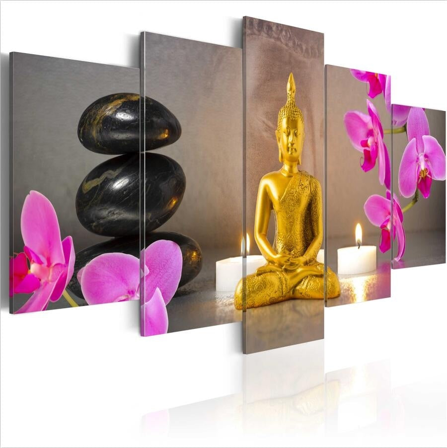 ( No Frame)5PCS-Set HD Modern Canvas Golden Buddha Wall Decor Buddhism Art Oil Painting Print on Canvas Home Decor Canvas Painting Picture
