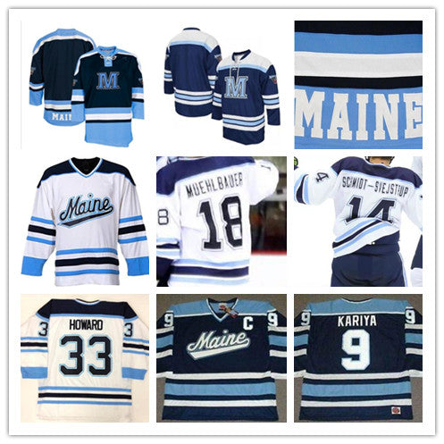Custom NCAA Maine Black Bears Hockey Jerseys Men&#039;s 33 JIMMY HOWARD 9 PAUL KARIYA 3 ROB MICHEL CHASE PEARSON MITCHELL FOSSIER MUEHLBAUER
