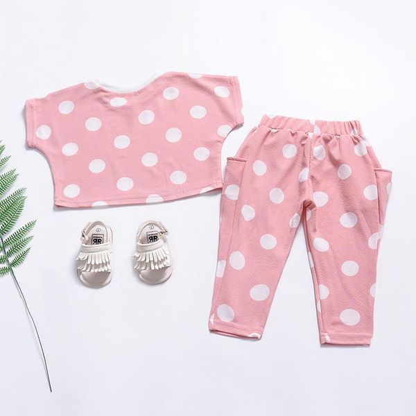 Pink Polka Dot Baby Girl Clothes Set with Short Sleeve Top and Pants for 2024 Winter