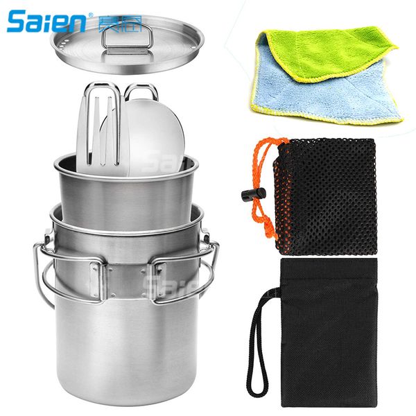 Camping Cookware Set Titanium Stove Pot Pan Frypan Bowl Cup&Stainless Steel Mug Water Cup - Ultra Light Portable Cooking Equipment Mess Kit