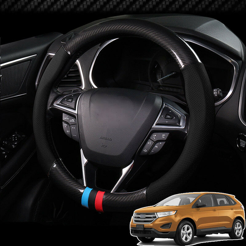 For Ford Edge Steering Wheel Cover Anti-Slip Black Carbon Fiber Top PVC Leather