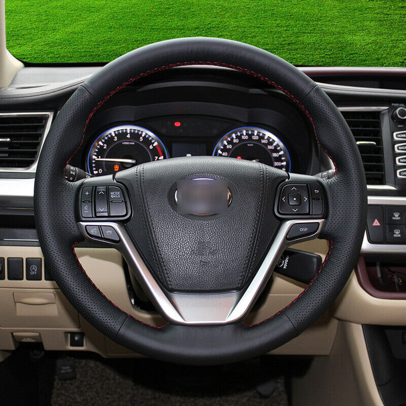 black leather red stitch car steering wheel cover for Toyota Highlander 2015