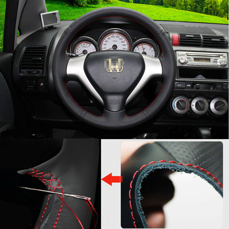 For Honda FIT Interior Non-slip Hand Sewing Steering Wheel Cover Black Leather