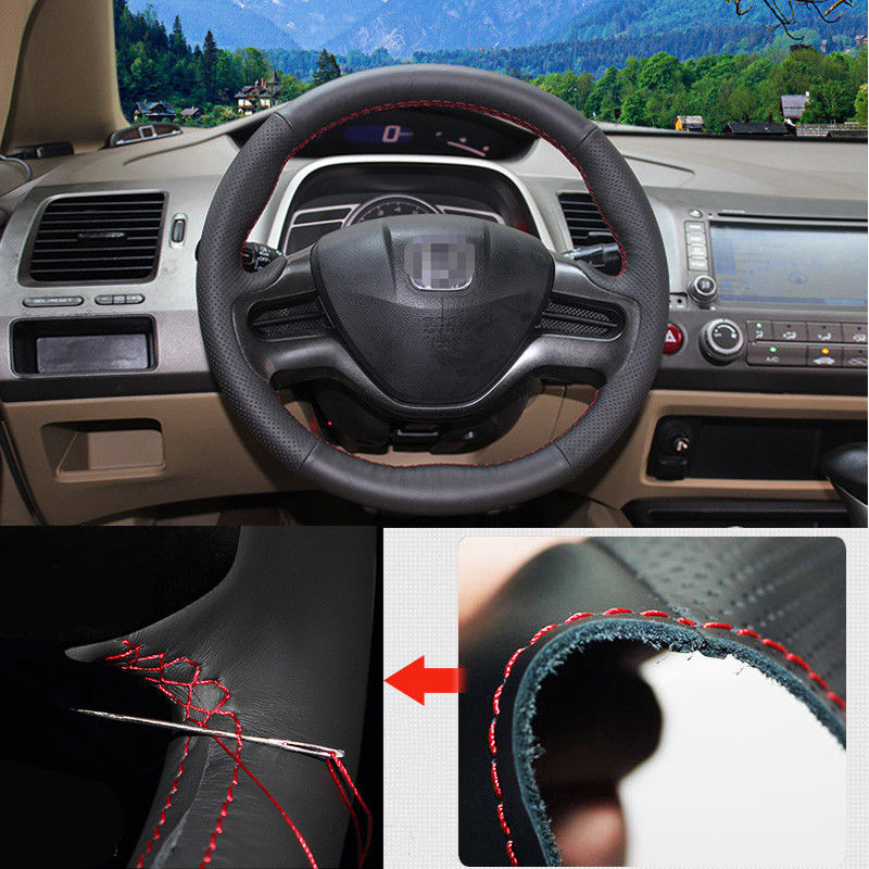 For Honda Civic Interior Non-slip Hand Sewing Steering Wheel Cover Black Leather