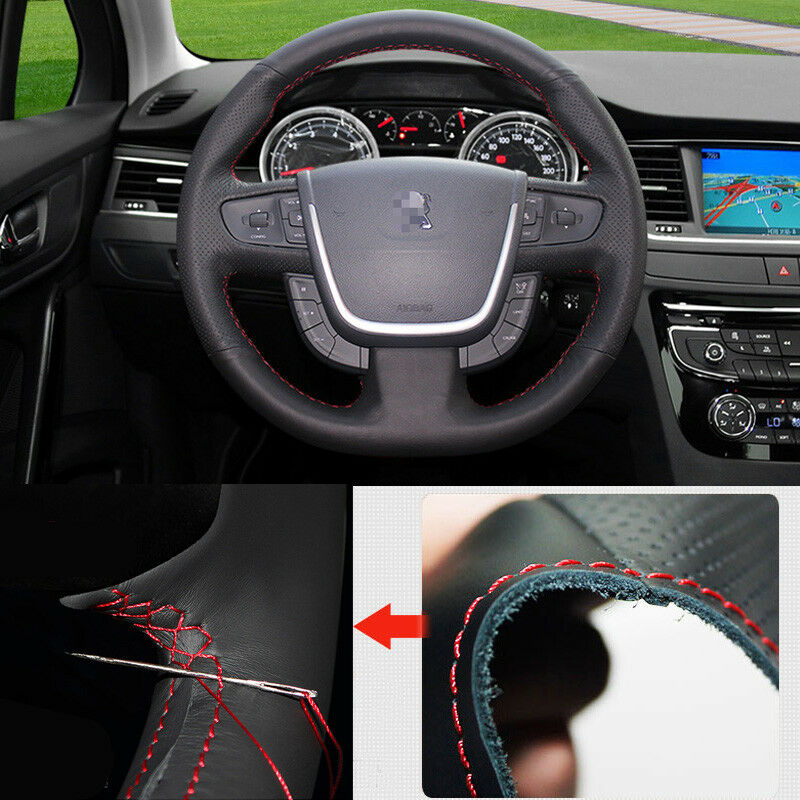 For Peugeot 508 Car Steering Wheel Cover Non-slip DIY Hand Sewing Black Leather
