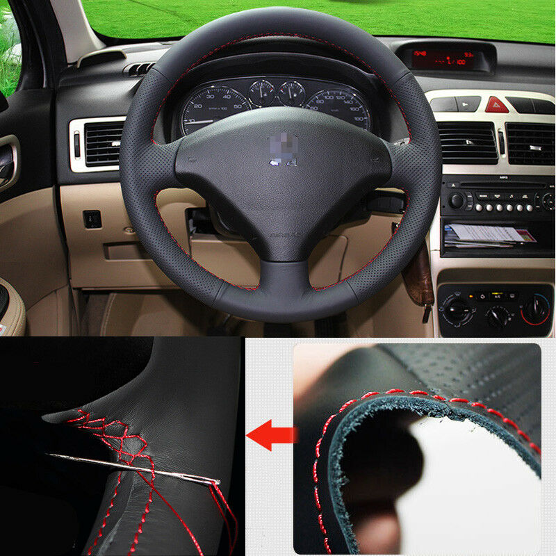 For Peugeot 307 Car Steering Wheel Cover Non-slip DIY Hand Sewing Black Leather