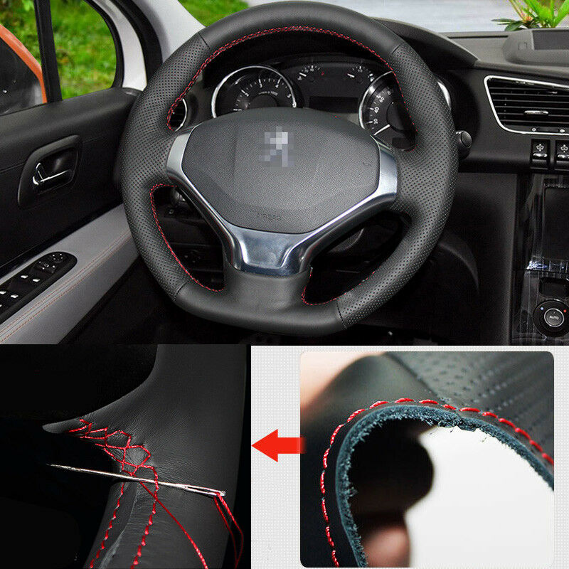 For Peugeot 3008 Car Steering Wheel Cover Non-slip DIY Hand Sewing Black Leather