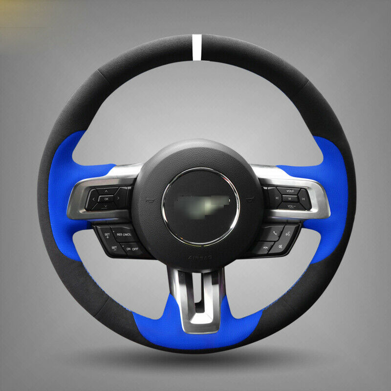 For Ford Mustang Car Steering Wheel Cover Black Blue Hand-stitched Suede Leather