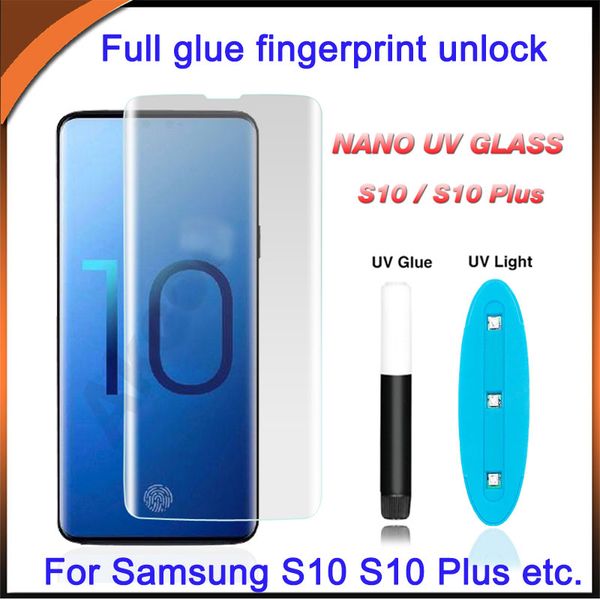 UV Liquid screen protector Case Friendly Full Glue Curved Edge Tempered Glass for Samsung Plus fingerprint unlock S9 Note 9 S10 S8