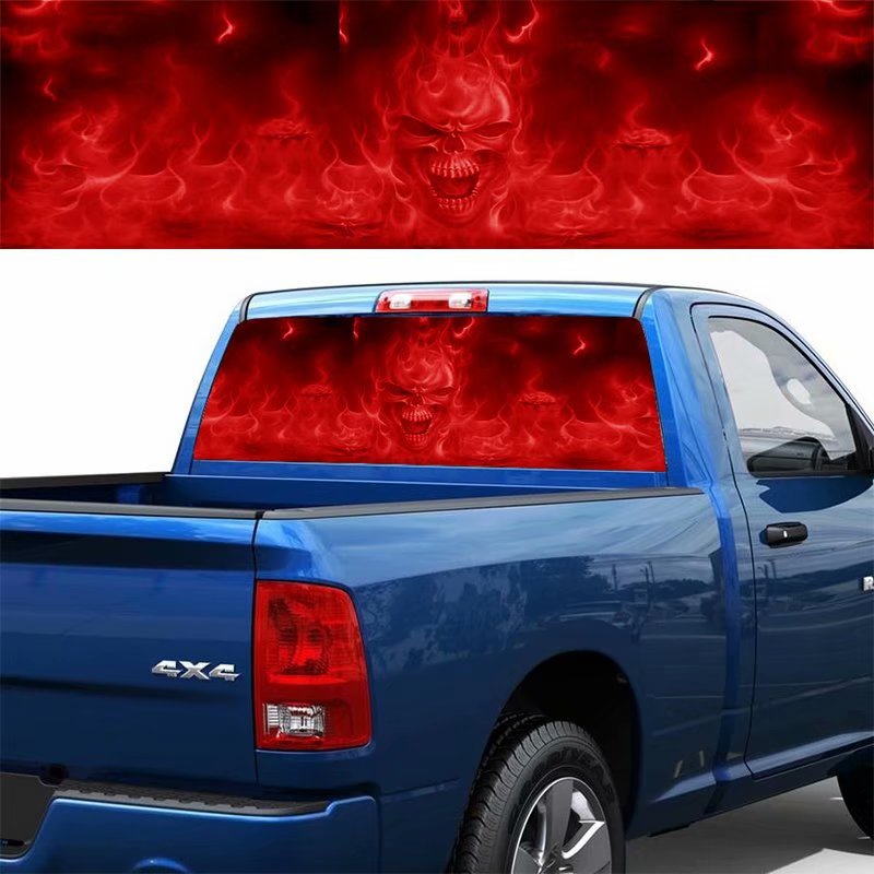 1PC Red Flame Evil Skull Back Gear Car Sticker Horror Rear Window Glass Color Autos Decals