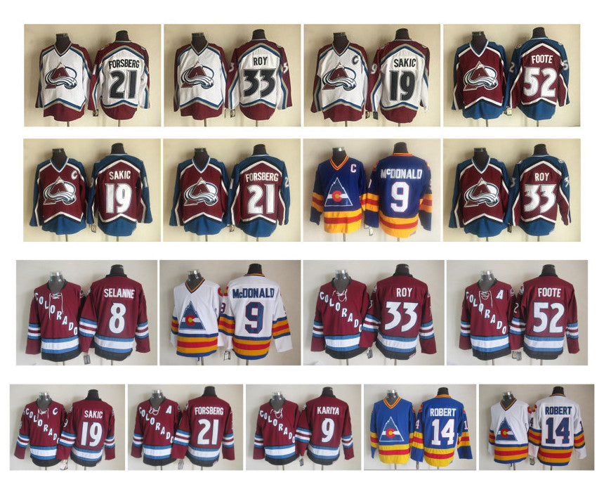 Vintage Colorado Avalanche Jersey 33 Patrick Roy 19 Joe Sakic 21 Peter Forsberg 52 Adam Foote 8 Teemu Selanne 9 Paul Kariya CCM Retro Hockey