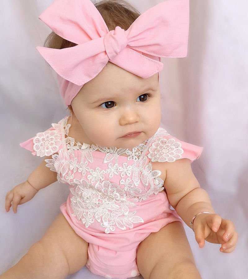 New Summer Fashion Lovely Cute Infant Baby Girls Lace Pink Cotton Short Sleeve Floral Jumpsuit Bodysuit Headband Outfits Set
