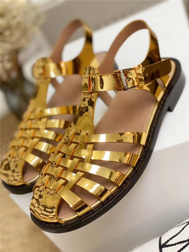 hollowedout roman sandals on the catwalk vintage fashion lady knitting sandals genuine leather gold black blingbling shoes