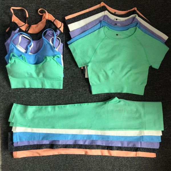 3-PCS Yoga Set Workout Seamless Women Sportswear Gym Clothing Sports Suits Fitness Short Sleeve Crop Top High Waist Leggings