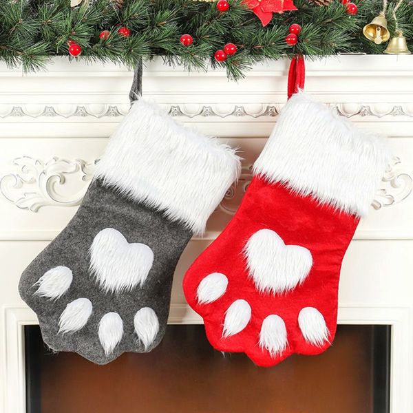 Christmas Party Dog Cat Paw Stocking Hanging Socks Tree Ornament Decor Hosiery Plush Xmas Socks Kids Gift Candy Bag