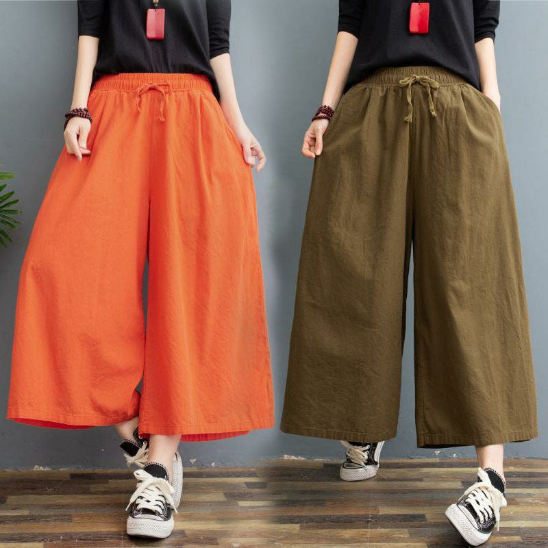 2020 New Women&#039;s Wide-leg Pants Summer Cotton and Linen Thin Section Large Size Loose Linen Eight-point Casual Wide-leg Culottes Leggings-