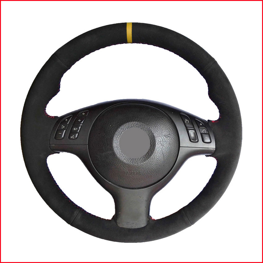 Black Suede Yellow Marker Steering Wheel Cover for BMW M Sport 3 Series E46 330i 330Ci E39 540i 525i 530i M3 M5 2000-2006