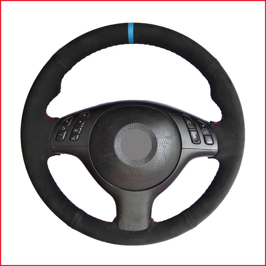 Black Suede Light Blue Marker Steering Wheel Cover for BMW M Sport 3 Series E46 330i 330Ci 5 Series E39 540i 525i 530i M3 M5