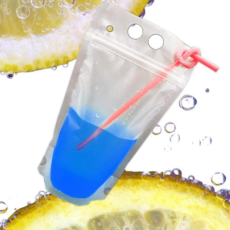 New Design Plastic Drink Packaging Bag Pouch for Beverage Juice Milk Coffee with Handle and Holes for Straw Clear Drink Pouches Bags