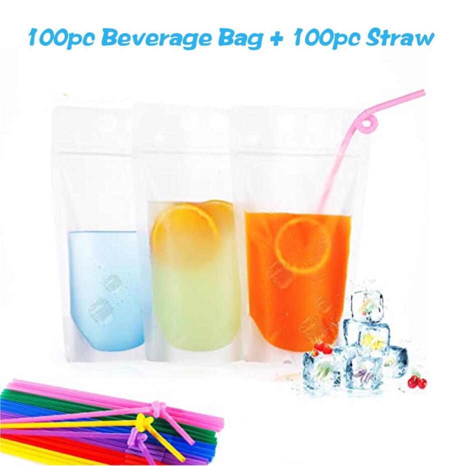 Transparent Self-sealed Plastic Beverage Bag Drink Milk Coffee Container Drinking Fruit Juice bag Food Storage Bag + Free straws