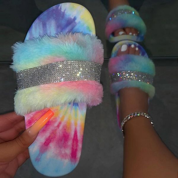 Women Furry Slippers Woman Fur Slides Women&#039;s Glitter Bling Flat Female Rainbow Color Shoes Wholesale Drop Shipping 2020