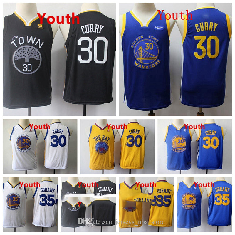 Kids Stephen 30 Curry Golden State&#13;Warriors&#13;Jersey Authentic Stitched 35 Kevin Durant Black Blue Vintage Youth Basketball Jerseys