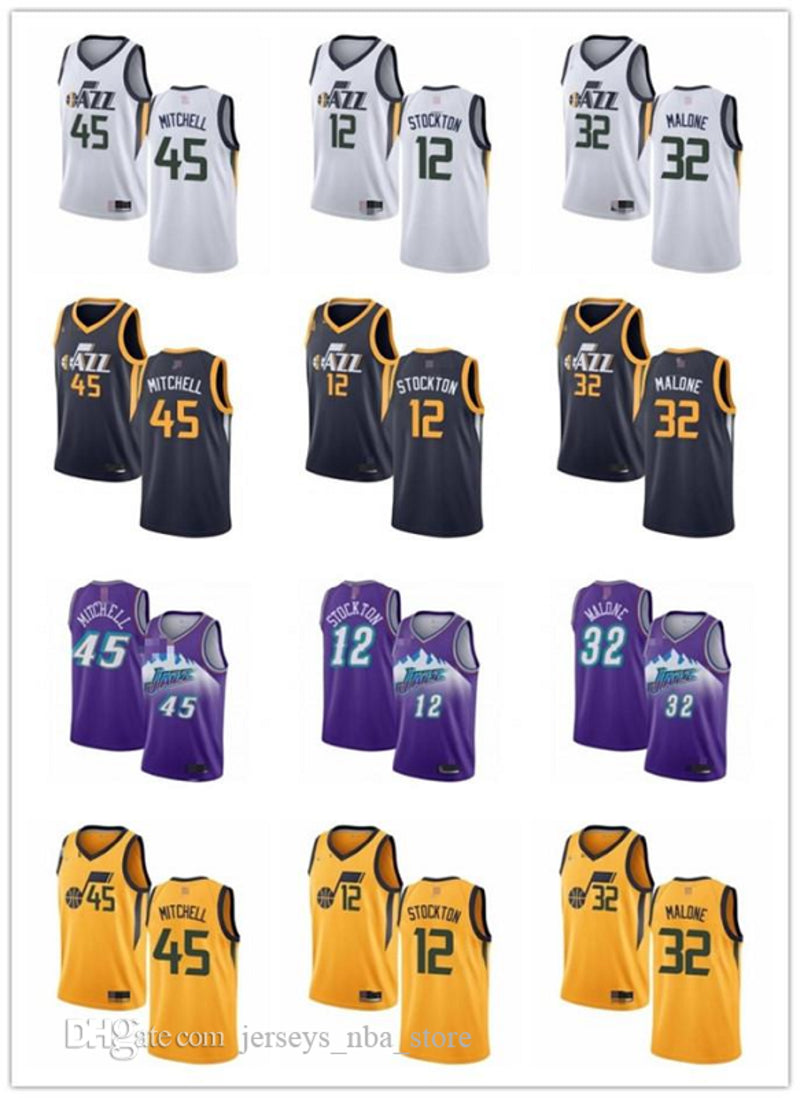 Mens Womens Youth&#13;Utah&#13;Jazz&#13;45 Donovan&#13;Mitchell 32 Karl&#13;Malone 12 John&#13;Stockton purple custom Basketball Jerseys 05