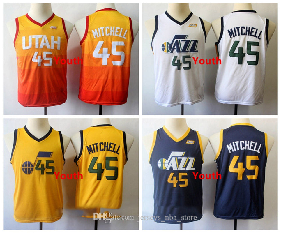 Kids 45&#132;Donovan Mitchell Utah&#132;Jazz&#132;Jersey Golden Orange Authentic Stitched Youth City Basketball Edition Jerseys Vintage