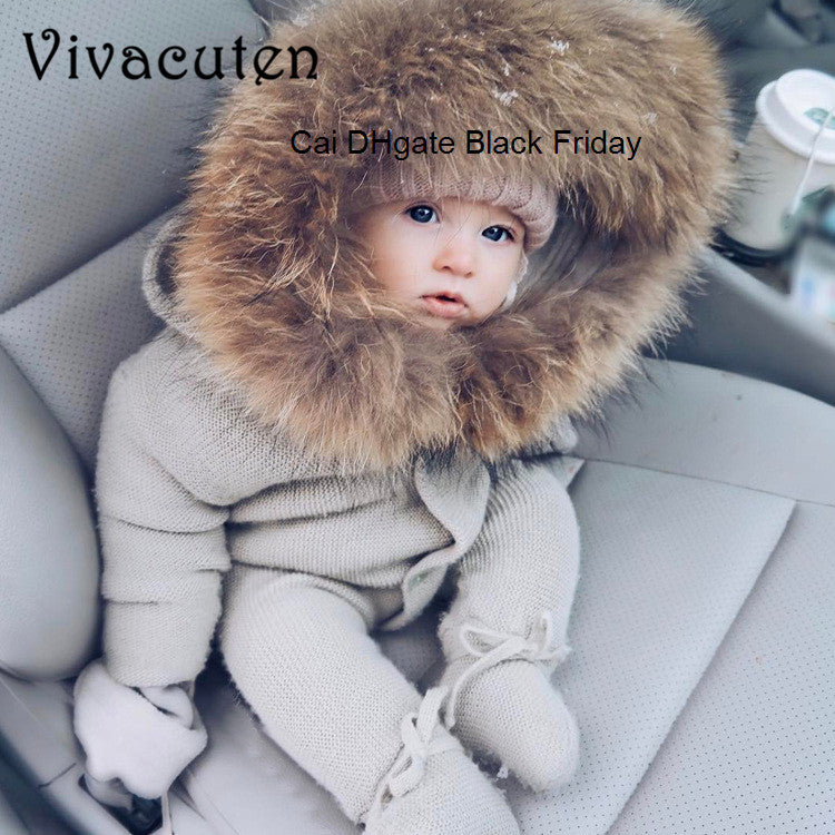 New Infant Baby Rompers Winter Clothes Newborn Baby Boy Girl Knitted Sweater Jumpsuit Fur Hooded Kid Toddler Outerwear Tops