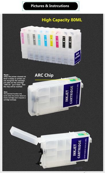 9pcs-set. XXL size 80ml Refillable ink cartridge for Epson SureColor P600 printer T7601-T7609 ink tank,With ARC chip