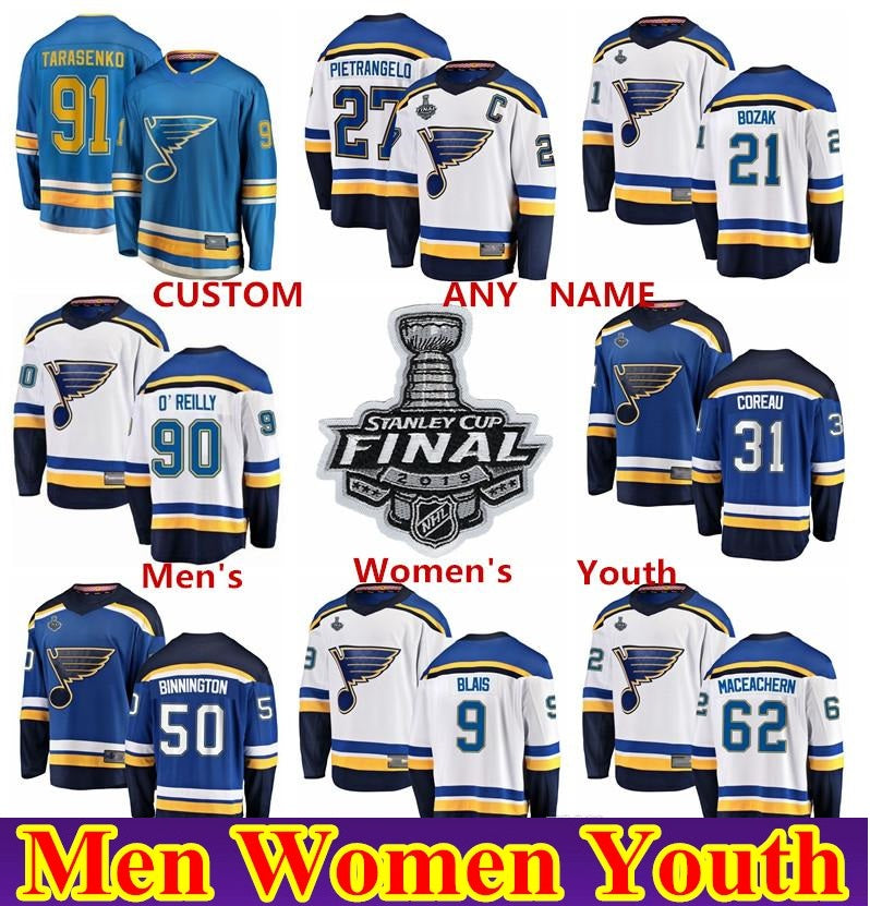2019 Stanley Cup Final patch St Louis Blues Hockey Jerseys Sammy Blais Tyler Bozak Mackenzie MacEachern Jared Coreau Customize
