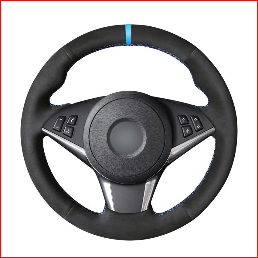 Black Suede Light Blue Marker Steering Wheel Cover for BMW E60 530d 545i 550i E61 2005-2009 - E63 E64 630i 645Ci 650i 2004-2009