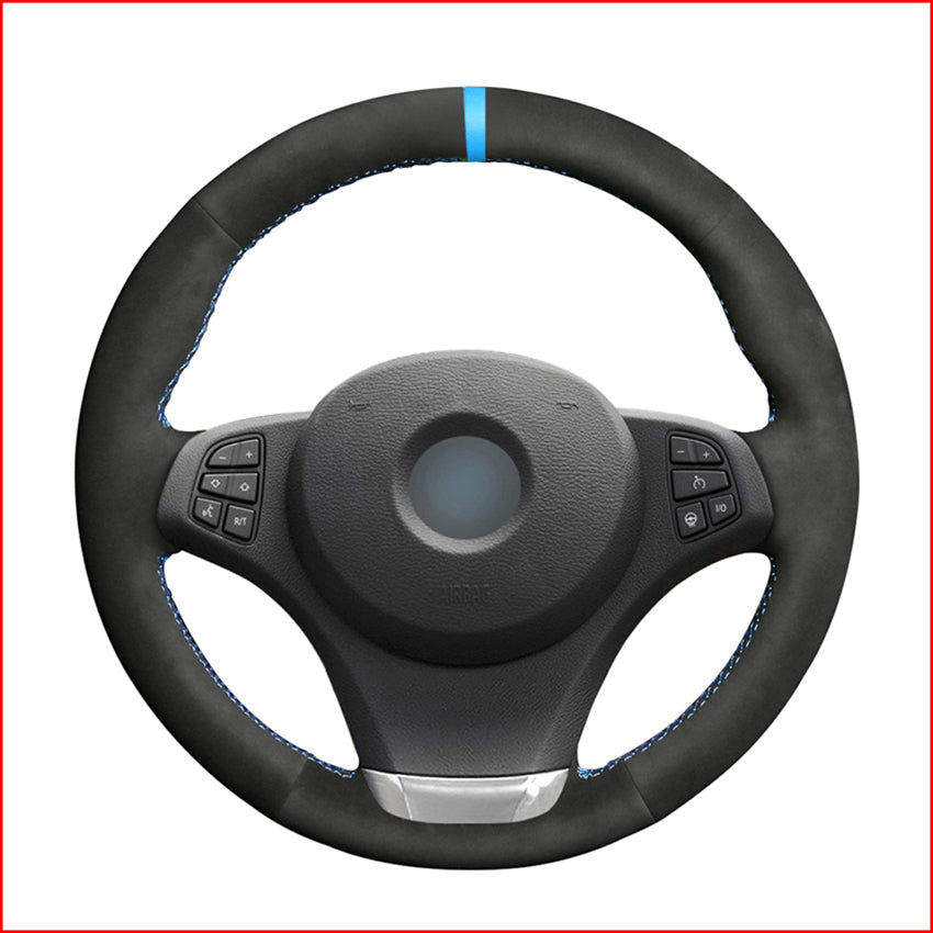 Black Suede Light Blue Marker Steering Wheel Cover for BMW E83 X3 2003 2004 2005 2006 2007 2008 2009 2010 E53 X5 2004 2005 2006