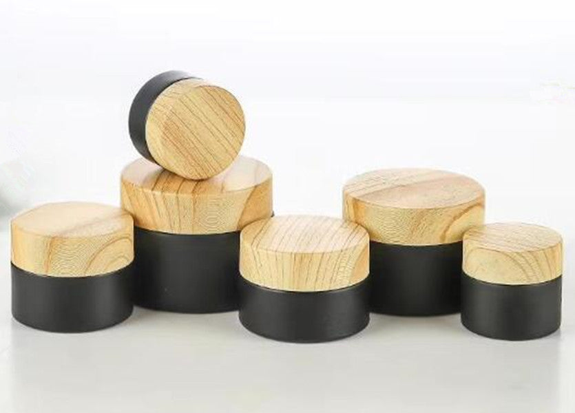 matte black glass jar 5g 10g 15g 20g 30g with bamboo wood grain lid cosmetic cream wax container storage bottle custom print logo