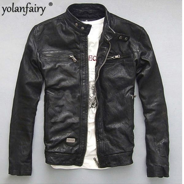 YOLANFAIRY Spring Autumn Men&#039;s Genuine Leather Jacket Short Slim Motocycle Jackets For Men Outerwear jaqueta de couro